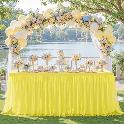 6 Pack Yellow Tulle Tablecloth for 8 Foot Rectangular Tables 8ft Yellow Rectangle Table Cloths Wrinkle Free Table Cover with Tutu Skirt for Birthday Cocktail Banquet Buffet Lemon Fruit Party Decor - Image 2