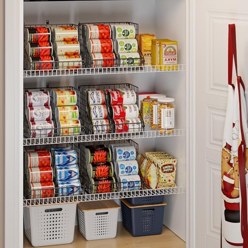 Stackable Can Organizer for Pantry with 2 Adjustable Dividers, Soda Can Organizer, Can Storage Dispenser Holds up to 28 Cans, 2 tier Metal Wire Baskets Can Holder for Kitchen Cabinet Pantry, Black - Image 3