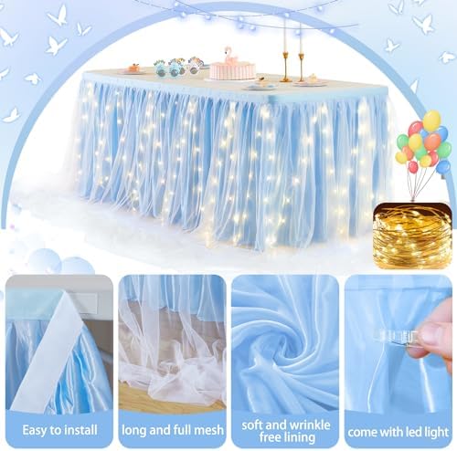 PARTISKY Blue Tulle Tutu Table Skirt for Rectangle Tables or Round Tables,Led Light String Table Cloth for Boys Girls Baby Shower Baby Shark Themed Party Dessert/Cake Tables - Image 5