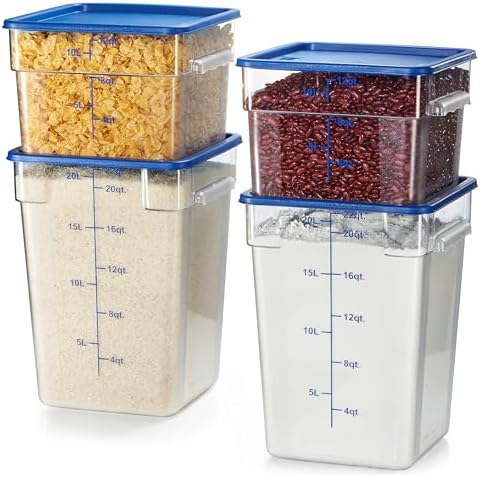 CURTA 4-Pack Food Storage Containers with Blue Lids - 12 Qt & 22 Qt Square Clear Polycarbonate - NSF Listed, Commercial Grade, Freezer & Dishwasher Safe, Stackable by CURTA