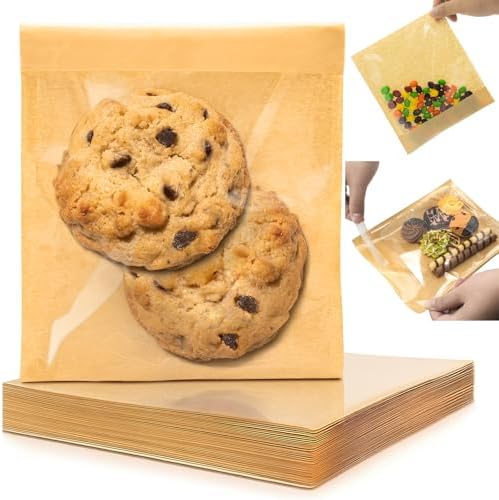 800 Pack Self Sealing Cookie Bags with Seal, 5.9x6.5 Inch Paper Bakery Bags with Window, Grease Resistant To Go Sleeves for Packaging Donut, Snack, Scone, Browni, Small Pastries and other Treats by GOULIKFUL