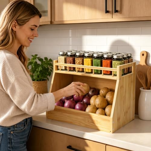 Potato and Onion Storage Bin, Bamboo Pantry Organizer with Spice Rack, 2 Tier Open Front Produce Storage Bin for Kitchen Counter Coffee Bar Garlic Fruit and Root Vegetable Storage - Image 5