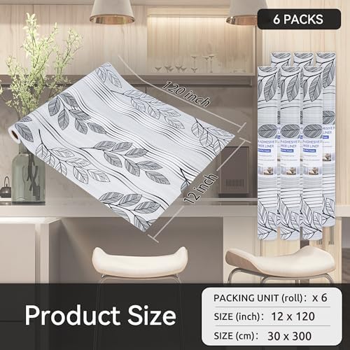 FIFTY FEET Grey Leaves Shelf Liner for Kitchen Cabinets, 12 x 120 Inch x 6 Roll Non Adhesive Non Slip Drawer Liner, Washable Cabinet Liner for Shelves & Drawers - Image 5
