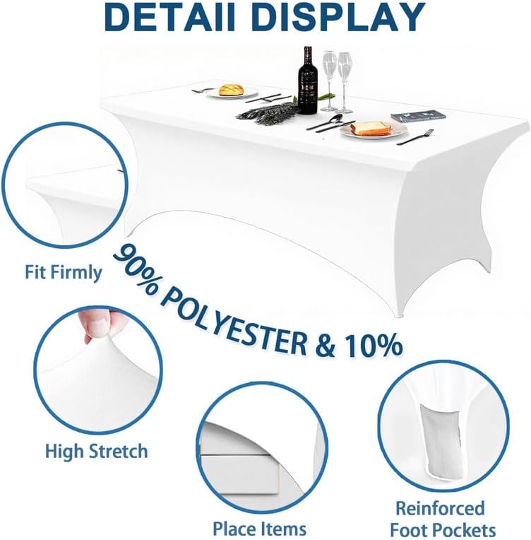 10 Pack 8FT Rectangular Spandex Tablecloth,Wrinkle Resistant Fitted Cover for 96x30 inch Banquet Table Cloth, Washable Stretch Fabric for Party, Events, Wedding, Vendor - White - Image 4