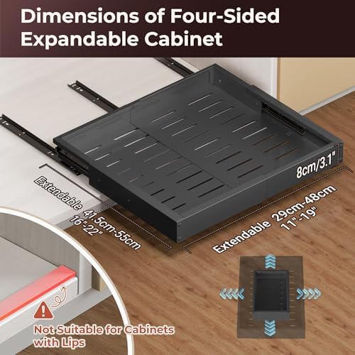 1 Pack Pull Out Drawers for Cabinets, Slide Out Drawer Expandable Width (12"-19") and Depth (17"-23") With 3 Slides, Fixed with Adhesive Film & Nail for Cabinets in Kitchen, Pantry or Bathroom - Black - Image 3