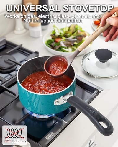 Cook N Home Basic 2 Quart Nonstick Saucepan with Glass Lid, Small Non Stick Aluminum Sauce Pan, Multi-Purpose Milk Chocolate Cooking Pot with Stay-Cool Handle, Turquoise - Image 2