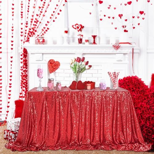 QueenDream Red Sequin Tablecloth 90x132 Inch Red Glitter Table Cloth - Image 2