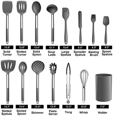 LIANYU 15-Piece Cooking Kitchen Utensils Set with Holder | Silicone Kitchen Tools Stainless Steel Handle, Slotted Spatula Spoon Turner Tong Whisk Brush for Cooking, Gray - Image 2