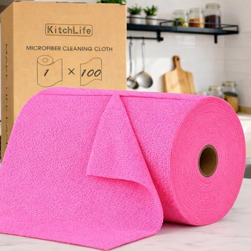 KitchLife Microfiber Cleaning Cloth Roll, 100 Pack - Tear-Away Microfiber Paper Towels, Lint-Free, Reusable, Washable for Kitchen, Car, Dishes, and Sensitive Surfaces (Hot Pink) by OverDoorHooksKitchenSupplies