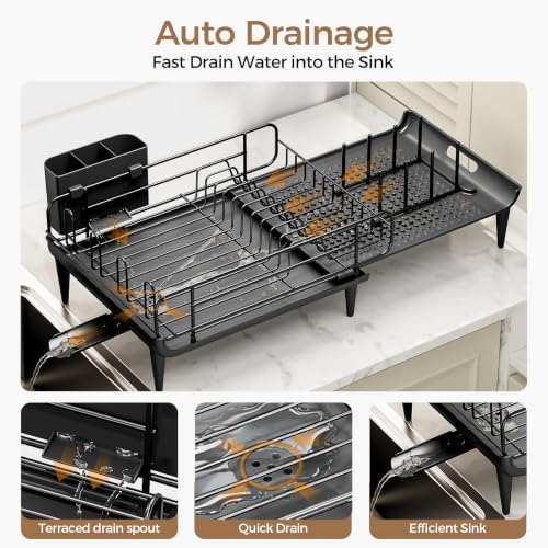 Extendable Dish Rack, Dish Drying Rack for Kitchen Counter, Foldable Dish Dryer Rack, Stainless Steel Dish Drainer Racks with Utensil Holder, Collapsible Dish Drying Racks Large Size,Black - Image 5