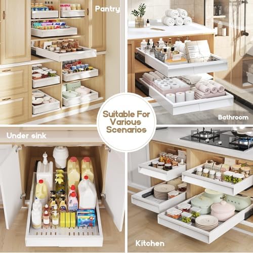 Seinloes Pull Out Cabinet Organizer, 4-Side Expandable to Fit Most Cabinets, 3 Rail Slide Out Drawers with Raising Pad for Framed & Frameless Cabinets, 11"-16" W x 17"-24" D, White, 2 Pack - Image 7