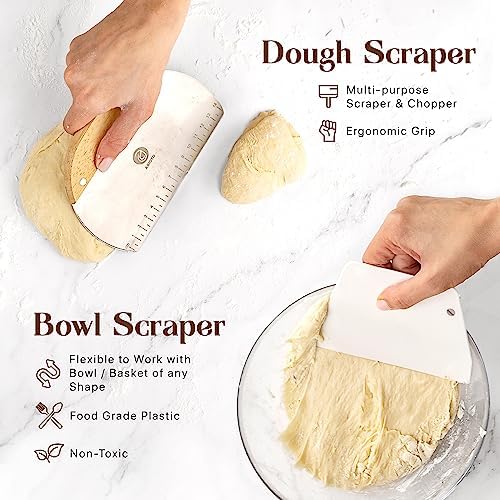 ABIOTO Banneton Baskets with Sourdough Bread Baking Supplies - 17-Piece Kit | Bread Baking Kit for Beginners - Round & Oval Sourdough Proofing Baskets, Liners, Slings, Mat, Lame, Danish Whisk, & Scrapers - Image 4