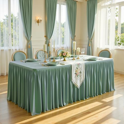 PARTISKY 1 Pack Sage Green Tablecloths for Rectangle Tables 8ft, Wrinkle Resistant Spandex Table Cover Fitted Stretch Table Cloth with Pleated Ruffle Skirts for Party Banquet Dining Birthday Wedding - Image 4
