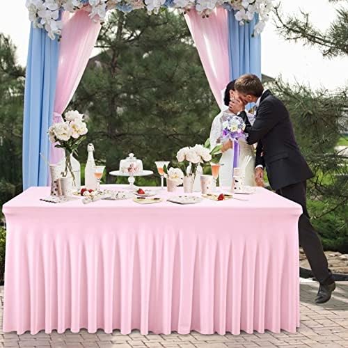 8ft Rectangle Table Covers Fitted Pink with Elastic, Outdoor Waterproof Stretch Spandex Table Cloth Table Skirt for Birthday Party, Events, Banquette Baby Shower - Image 5