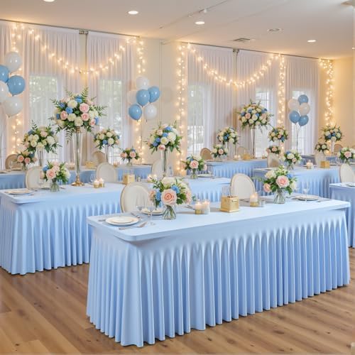 6 Pack Baby Blue Spandex Tablecloths for Rectangle Tables 8 Foot Blue Stretch Table Cloth Rectangle 8ft Elastic Fitted Table Cover with Skirt for Wedding Baby Shower Boy Birthday Party Banquet Buffet - Image 4