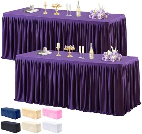 PARTISKY 2 Pack Purple Tablecloths for Rectangle Tables 8ft, Wrinkle Resistant Spandex Table Cover Fitted Stretch Table Cloth with Pleated Ruffle Skirts for Party Banquet Dining Birthday Wedding by Partisky