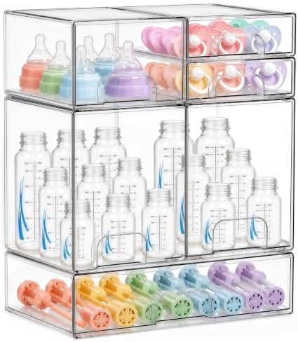 Baby Bottle Organizer 6 Pack Baby Bottle Storage Organizer Clear Bottles Station Acrylic Stackable Container Drawers Bins for Pacifiers,Nipples,Pump Parts for Countertop,Cabinet,Bathroom,Vanity by Gifhomfix