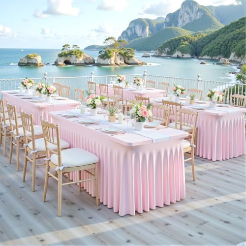Besutolife 2 Pack Pink Spandex Tablecloth for 8ft Rectangle Tables Fitted Table Cloth Stretch Table Covers Skirt 8ft Rectangular Tablecloths for Banquet Parties Wedding Decorations - Image 4