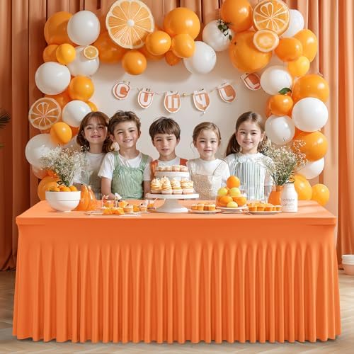 Wish Care 2 Pack Orange Spandex Table Clothes for 4 Foot Rectangle Tables, 4FT Wrinkle Free Fitted Tablecloths Ruffles Design Table Cover for Party, Banquet, Wedding and Events - Image 4