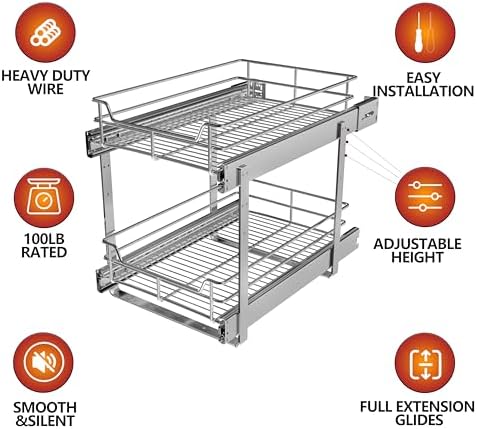 JOWBOOW 2-Tier Pull Out Cabinet Organizer, 23" W x 22" D, Chrome | Heavy-Gauge Wire Slide Out Shelves, 100 lbs Capacity, Ball-Bearing Glides, Min 24" Opening, For Heavy Appliances - Image 3