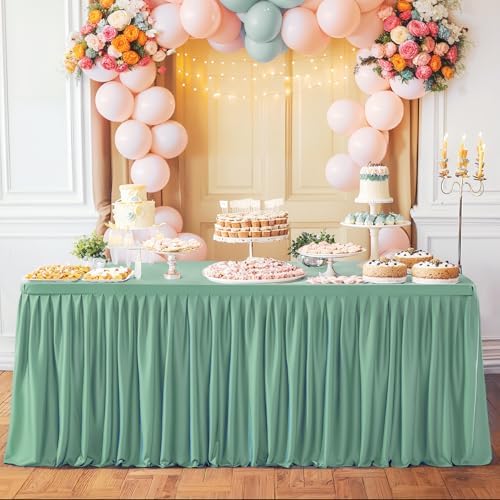 Sage Green Polyester Table Cloths for Rectangle 6 Foot Tables, 1 Pack Wrinkle Free Tablecloths Stretchy Banquet Ruffle Fitted Table Cover Desk Skirt for Parties Wedding Birthday Baby Shower by Unknown