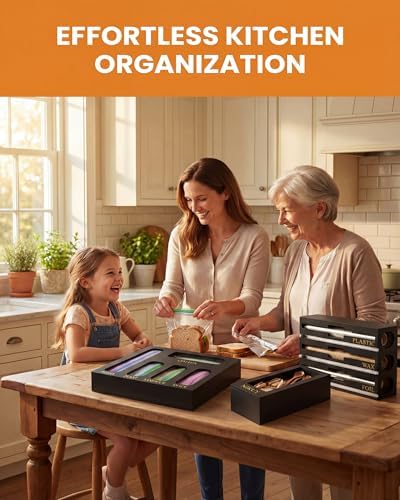 9 IN 1 Bamboo Foil and Plastic Wrap Organizer for Kitchen Drawer, Plastic Bag Organizer Organization and Storage, Food Storage Bag Organizer (BLACK) - Image 3