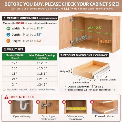 Sintuff 4 Pack Wooden Pull out Tray Cabinet Organizer, 12'' X 21'' - Image 2