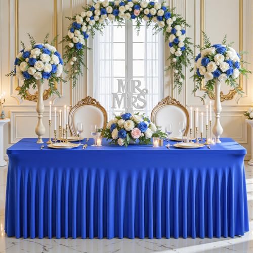 Wish Care 2 Pack Royal Blue Spandex Table Clothes for 4 Foot Rectangle Tables, 4FT Wrinkle Free Fitted Tablecloths Ruffles Design Table Cloth for Party, Banquet, Wedding and Events - Image 4