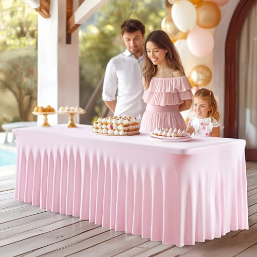 PARTISKY 2 Pack Pink Table Cover for Rectangle Tables 6ft,One-Piece Spandex Elastic Table Cloth with Skirt for Wedding Folding Table Banquet Baby Shower & Birthday Parties - Image 2