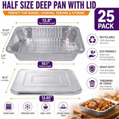 Aluminum Foil Pans Half Size 9x13, Disposable Aluminum Pans Large Baking Pan Trays-Heavy Duty Foil Pans Roasting, Cooking, Heating or Steam (25 pans with lids) - Image 2