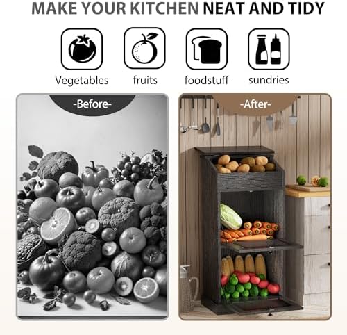 ONG Potato Storage Bin Wood Sets of 2, Wooden Double Bread Storage Bins, Decorative Potato and Onion Storage Bin Set 2, Potato Bin with Grocery Section, Wooden Vegetable Storage Box with Lid, Black - Image 4