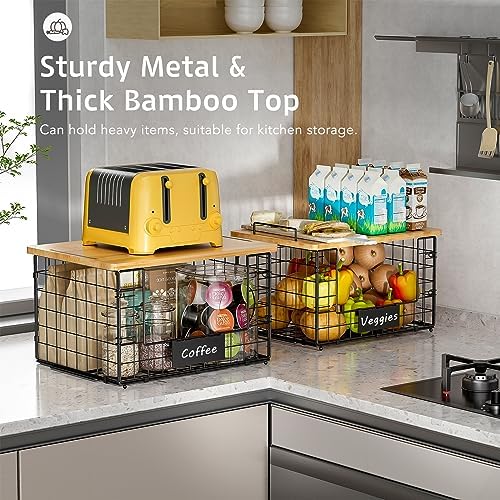 2 Pack Stackable Wire Baskets with Bamboo Top,Pantry Organizers Counter | Potato and Onion Storage Bin with Labels & 2 Pads, Kitchen Organization for Fruit, Vegetable, Produce, Bread, Cabinet - Image 2