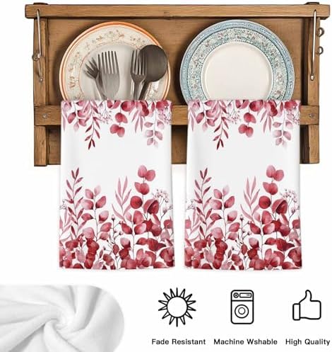 Red Eucalyptus Kitchen Towels Set of 1, Absorbent Dish Towels for Kitchen, Botanical Summer Leaves Country Floral Microfiber Hand Towel, Quick Drying Tea Towel for Cleaning Decorative Dishcloths - Image 5