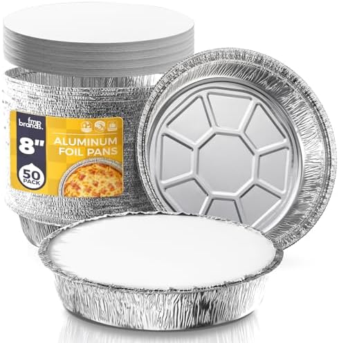 Fit Meal Prep 50 Pack 8” Round Aluminum Foil Pans with Lids, 8 inch Take Out Containers with Cardboard Covers for Freshness, Heavy Duty Disposable Baking Pie Pan for Cooking, Freezer & Oven Safe by FMPBRANDS