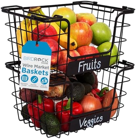 BirdRock Home Stacking Wire Market Baskets with Chalk Label | Set of 2 | Fruit Vegetable Produce Metal Storage Bin for Kitchen Counter | Black by BIRDROCKHOME
