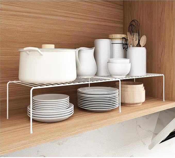 iPEGTOP Set of 2 Expandable Kitchen Cupboard Organiser, 4-Piece Adjustable Freezer Cabinet Storage Wire Shelf Rack Rustproof Metal Shelves Space Saver for Countertop Pantry Drawer Utensils (White) - Image 7