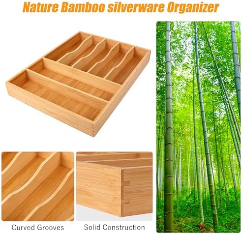 Bellsal Bamboo Silverware Drawer Organizer, Kitchen Utensil Drawer Organizers, 12"x15.7" Utensils Holder Cutlery Tray with Grooved Drawer Dividers for Kitchen Flatware Bedroom Office(7 Slot, Natural) - Image 5