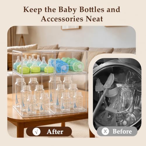 Baby Bottle Organizer 4 Pack Baby Bottle Storage Organizer Clear Bottles Station Acrylic Stackable Container Drawers Bins for Pacifiers,Nipples,Pump Parts for Countertop,Cabinet,Bathroom,Vanity - Image 3
