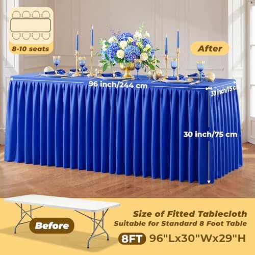 Royal Blue Polyester Table Cloths for Rectangle 8 Foot Tables, 1 Pack Wrinkle Free Tablecloths Stretchy Banquet Ruffle Fitted Table Cover Desk Skirt for Parties Wedding Birthday Baby Shower - Image 5