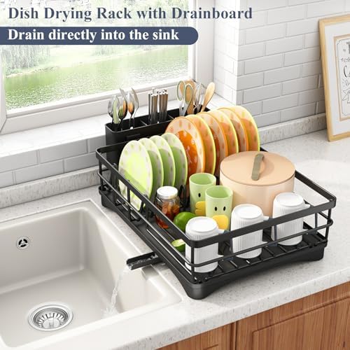 SAYZH Dish Drying Rack for Kitchen Counter with Utensil Holder, Black - Image 3