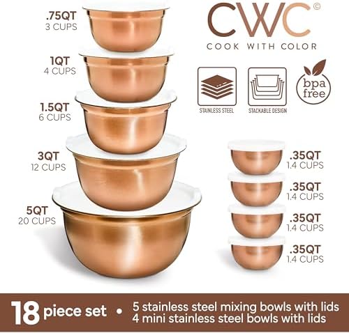 COOK WITH COLOR 18 Piece Mixing Bowls Set with Airtight Lids, Stainless Steel Bowl Organizers, Food Storage Containers, Meal Prep, Nesting Salad Bowls For Cooking, Baking, Kitchen Use, Copper - Image 2