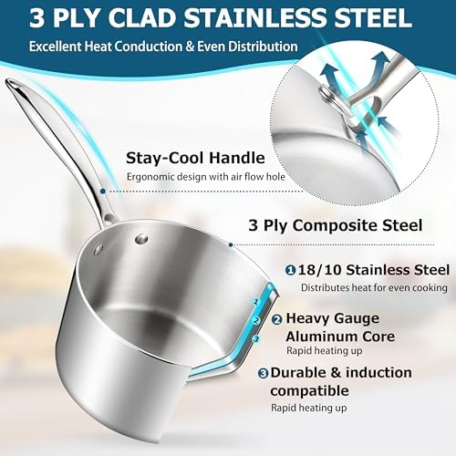 Homikit Stainless Steel Saucepan Set, 1Qt & 2Qt & 3Qt Sauce Pan with Lids 6pcs, Tri-Ply Bottom Induction Compatible Small Cooking Pot kitchen Cookware Set, Dishwasher Safe & Nonstick - Image 3