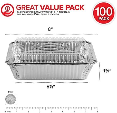 Stock Your Home 2 Lb Small Aluminum Pans with Lids (100 Pack) Foil Pan + Clear Plastic Lid, Disposable Cookware, Takeout Trays with Lids - To Go Disposable Food Containers for Restaurants & Catering - Image 3
