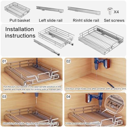 Kitchen Cabinet Pull Out Shelf and Drawer Organizer Slide Out Pantry Storaqe Basket in Multiple Sizes (14" W x 21",1 Tier) - Image 6