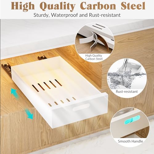 HBL' 1 Pack | 21" Deep Pull Out Cabinet Organizer Adhesive, 10-Inch Wide Sturdy Carbon Steel Roll-Out Drawers, Designed for Frameless Cabinets, Slide-Out Shelves for Pantry. - Image 4