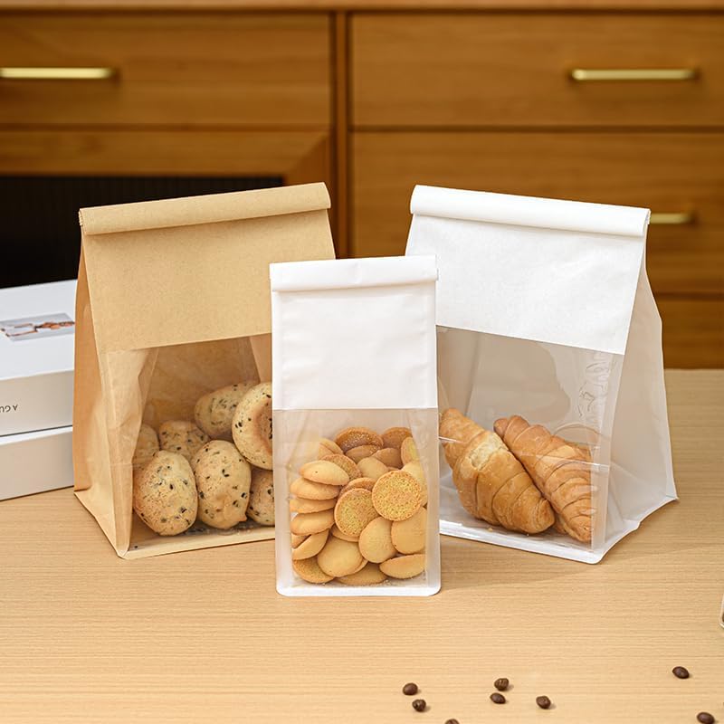 Paper Bakery Bags with Window, Kraft and White, Roll Top Closure, Food Storage for Bread Cookies Snacks (50, Kraft, Large) - Image 6