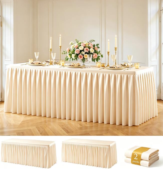 Champagne Polyester Table Cloths for Rectangle 4 Foot Tables, 2 Pack Wrinkle Free Tablecloths Stretchy Banquet Ruffle Fitted Table Cover Desk Skirt for Parties Wedding Birthday Baby Shower by Unknown