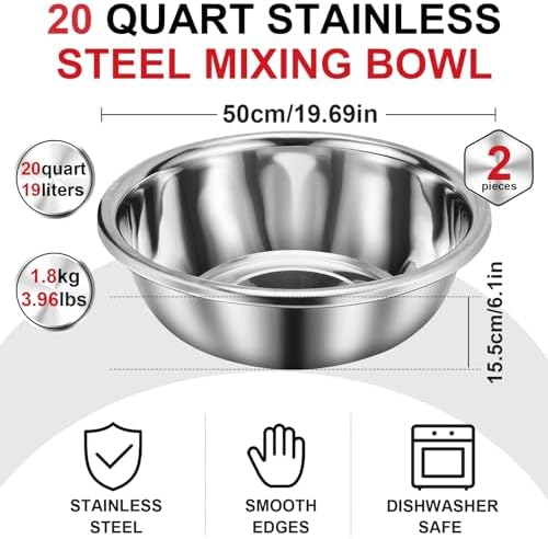 FillTouch 2 Pack Large Mixing Bowl 20 Qt Oversized All Purpose 304 Stainless Steel Polished Mirror Flat Base Metal Bowl for Home or Commercial Prepping Baking Mixing Marinating - Image 2
