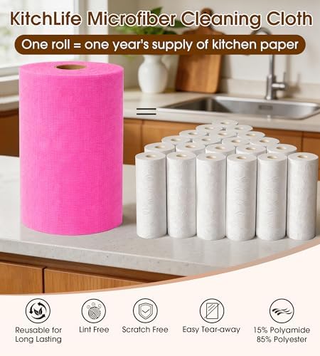 KitchLife Microfiber Cleaning Cloth Roll, 100 Pack - Tear-Away Microfiber Paper Towels, Lint-Free, Reusable, Washable for Kitchen, Car, Dishes, and Sensitive Surfaces (Hot Pink) - Image 3