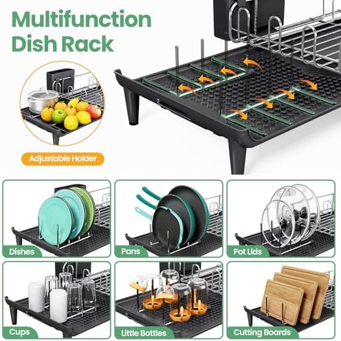 TOOLF Large Expandable Dish Rack for Kitchen Counter, Black - Image 4